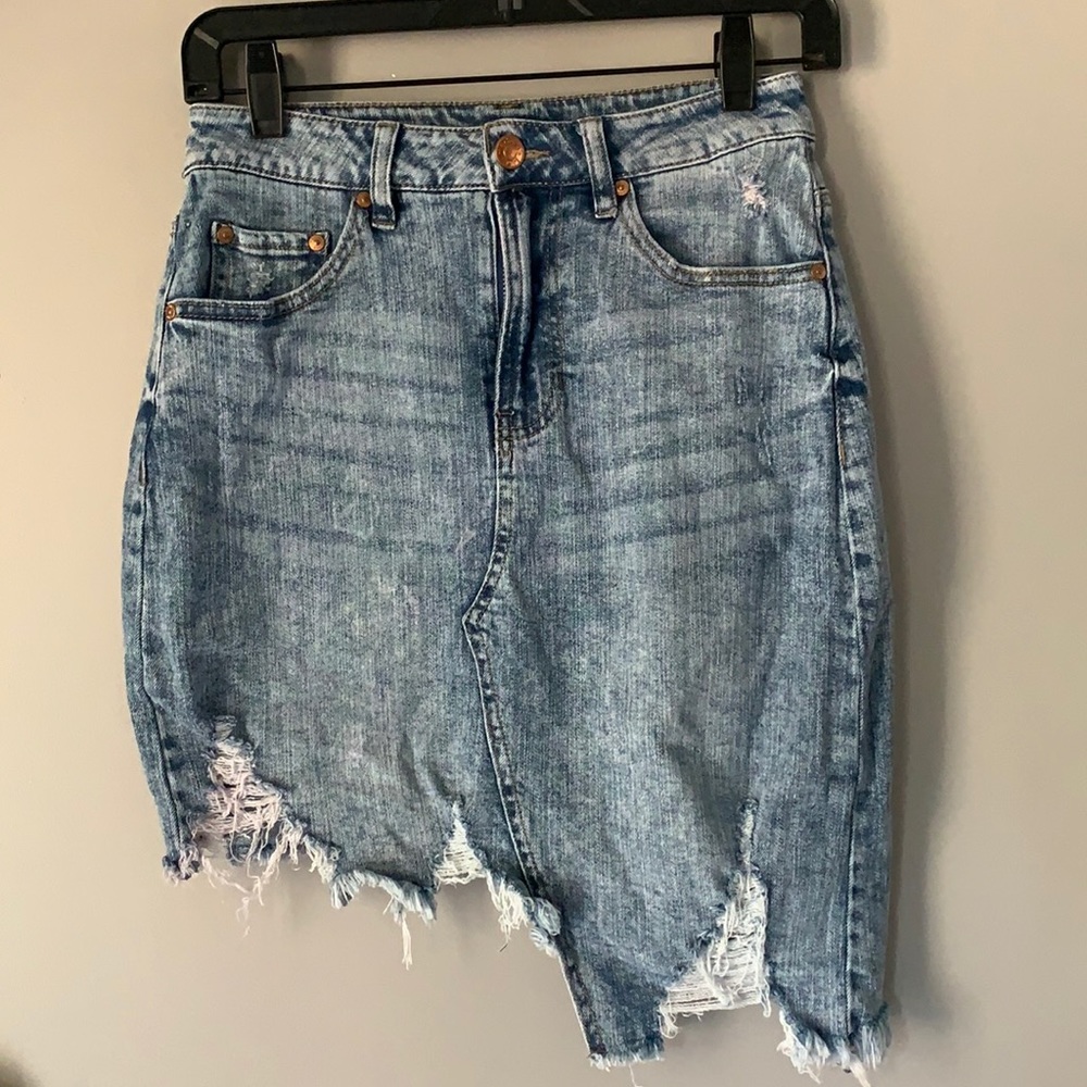 Madden Girl Distressed Asymmetrical Denim Mini Skirt
